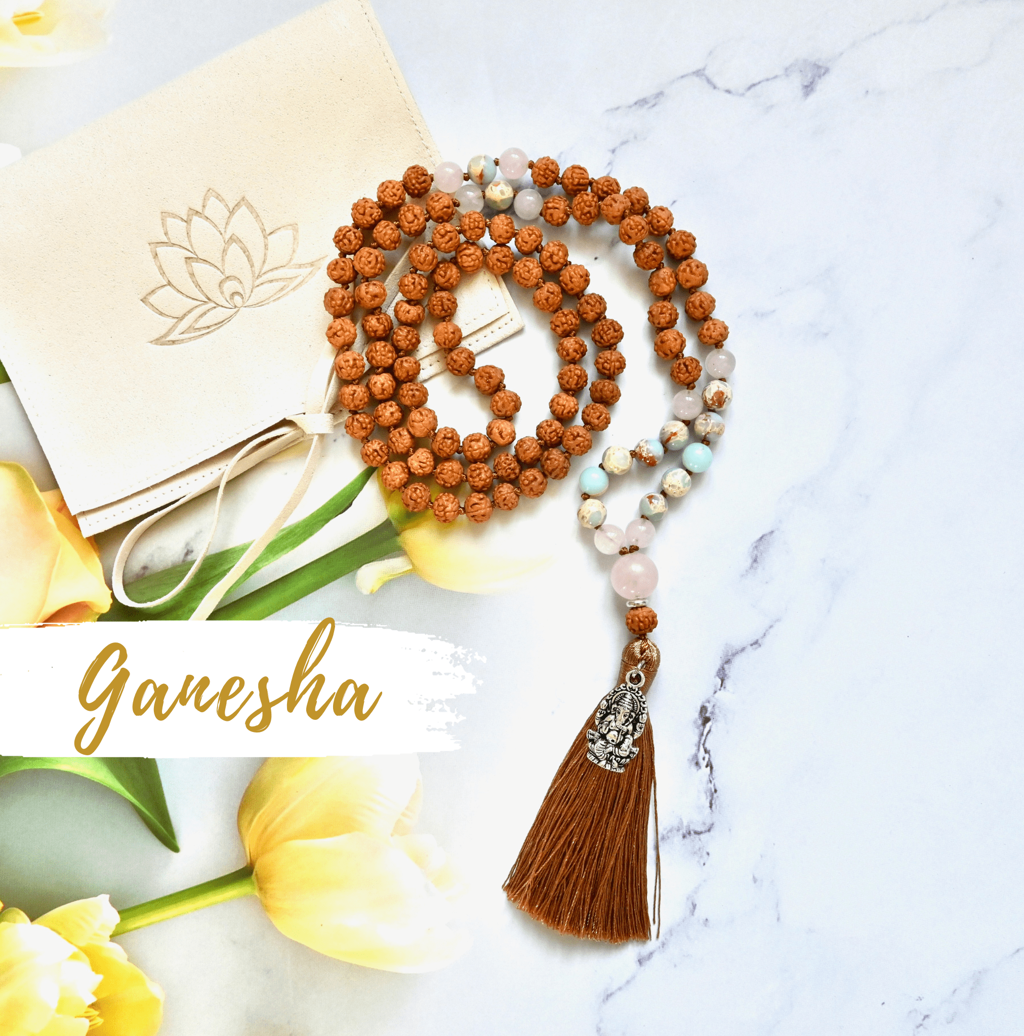 GANESHA - Rudraksha, Rosenquarz & Jaspis Mala Kette
