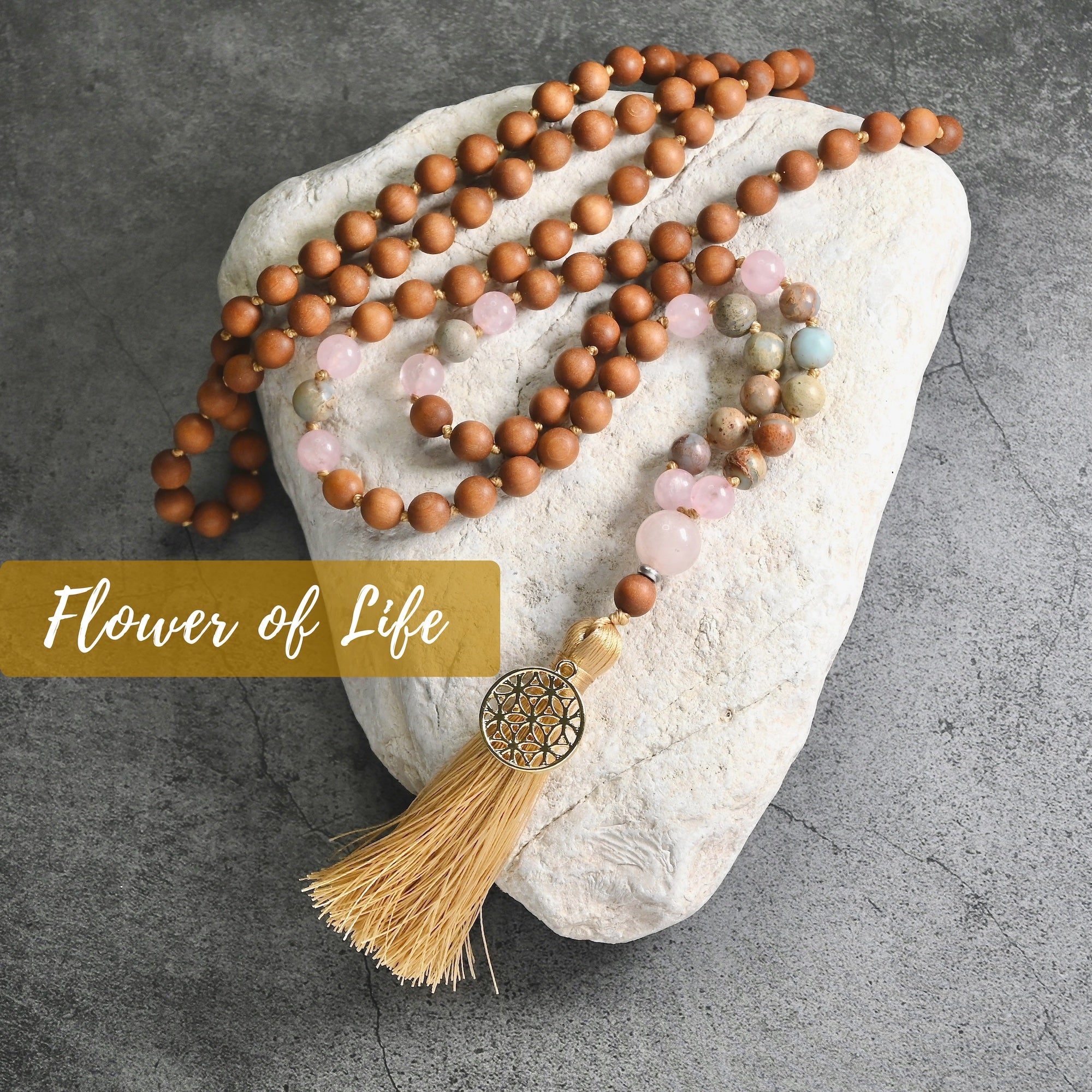 FLOWER OF LIFE - Mala Kette aus Sandelholz & Rosenquarz