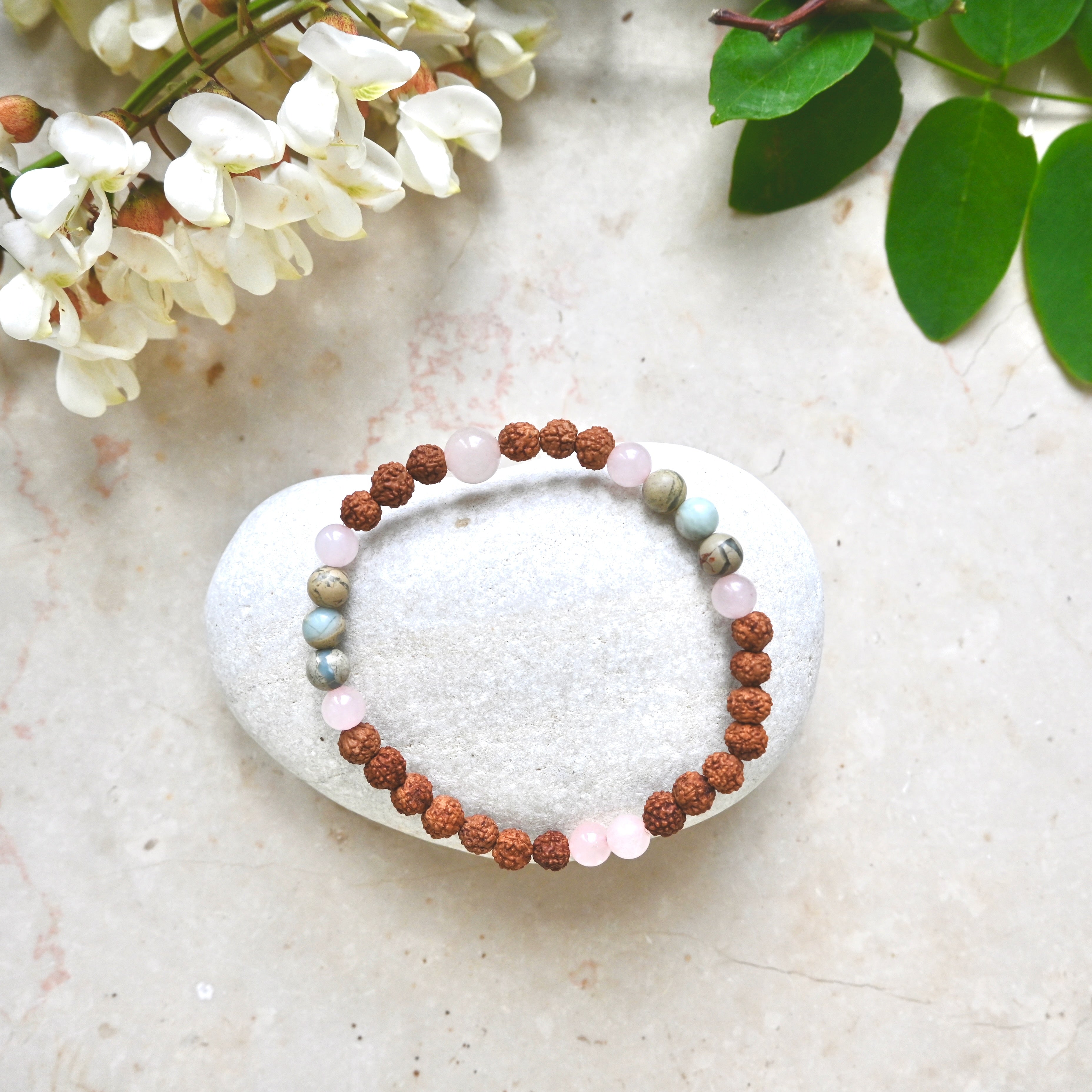 RUDRAKSHA LOVE - Rudraksha, Rosenquarz & Jaspis Bracelet