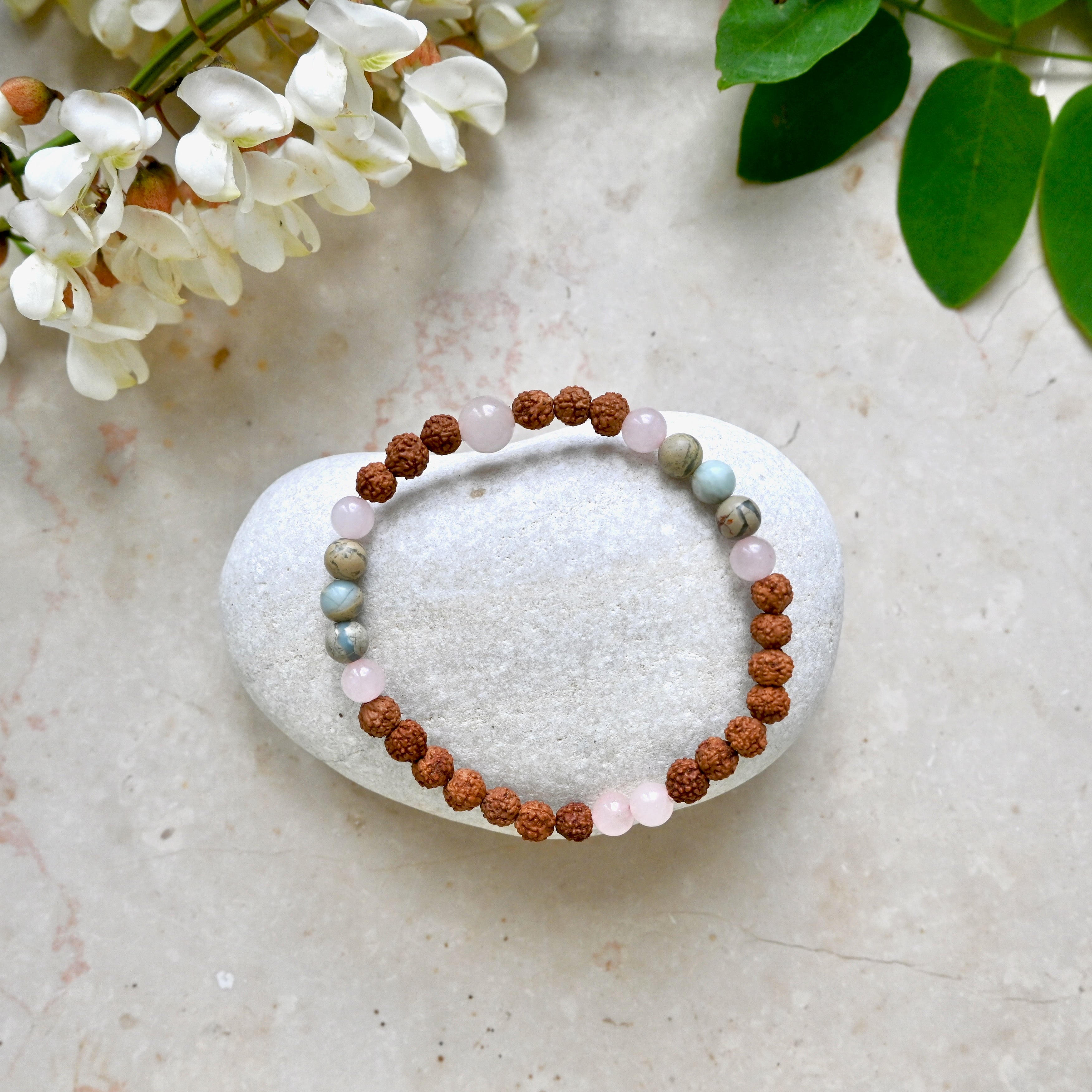 RUDRAKSHA LOVE - Rudraksha, Rosenquarz & Jaspis Bracelet