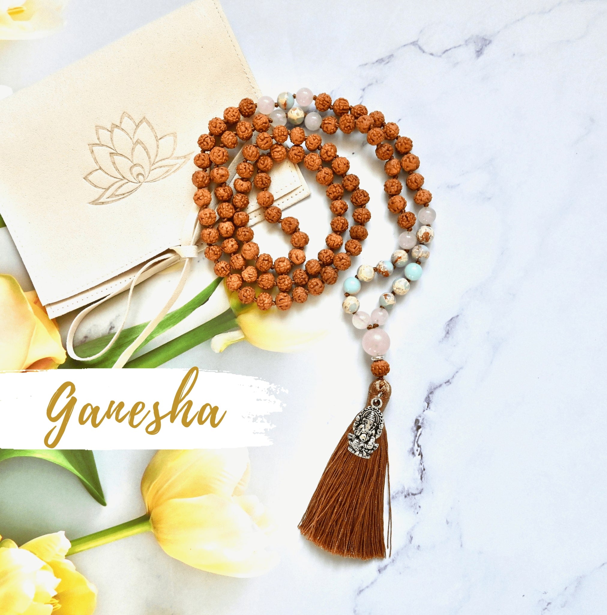 GANESHA  - Rudraksha, Rosenquarz & Jaspis Mala Kette
