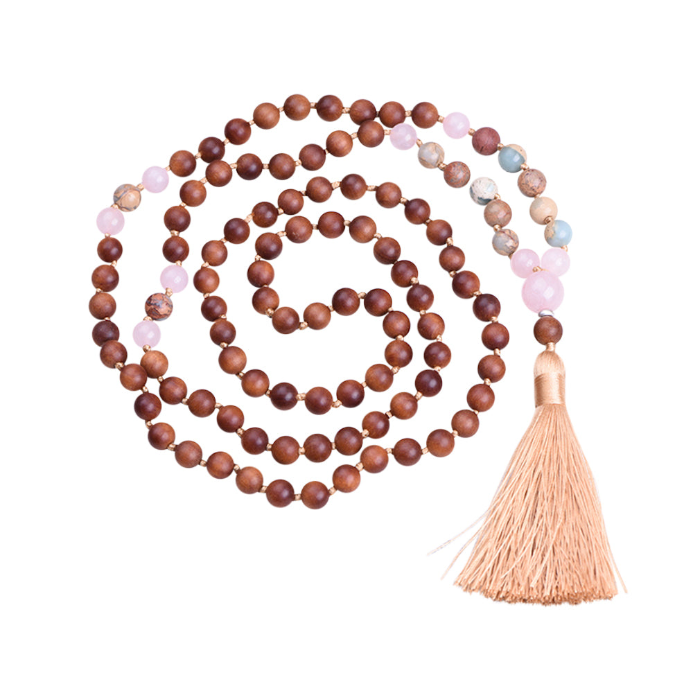 BLISSFUL - Mala Kette aus Sandelholz & Rosenquarz