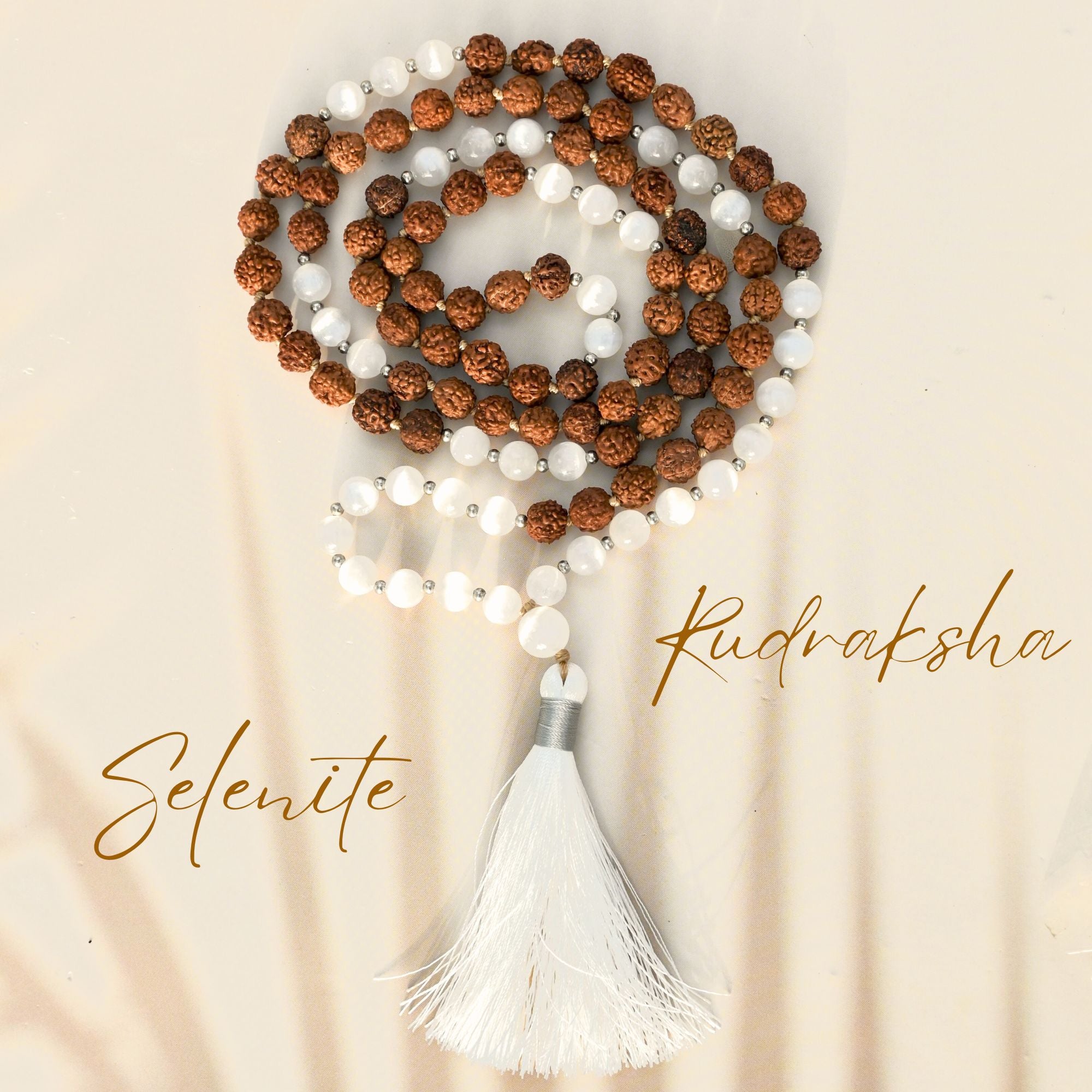 IN FLOW - Selenit & Rudraksha Mala Kette